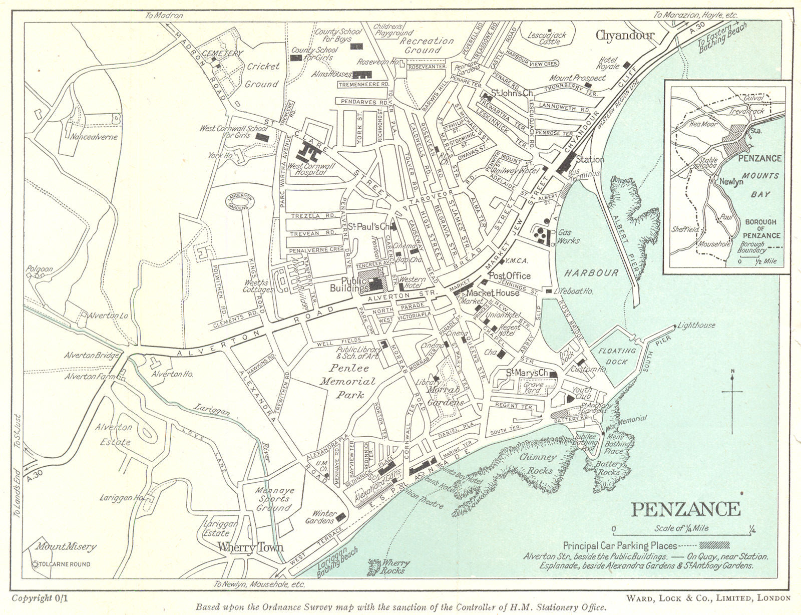 PENZANCE vintage town/city Plan. Cornwall. WARD LOCK 1952 old vintage map